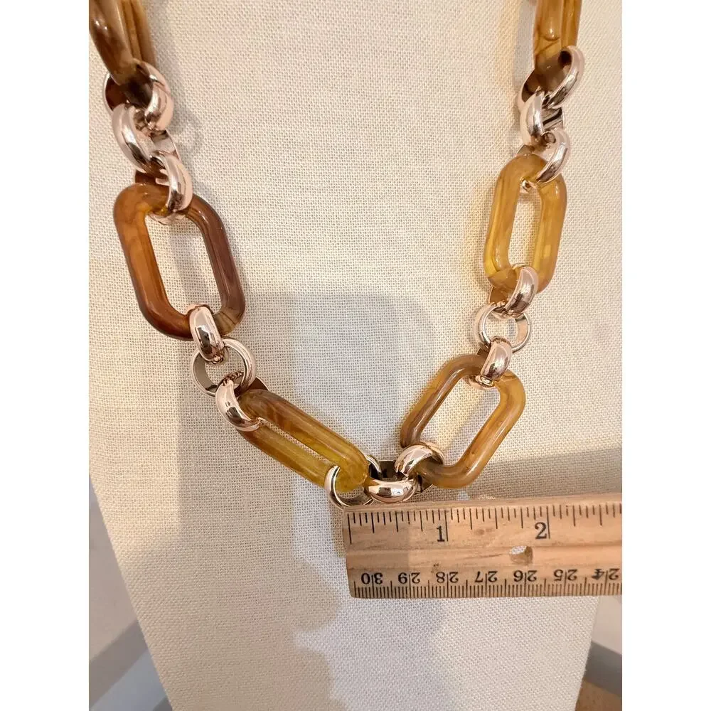 Spring Street Chunky Resin Link Necklace 26” Amber Gold Tone Chain